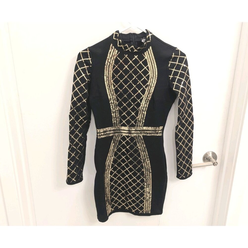 Black & Gold Sequin Detail Bandage Dress Long Sleeve Size 2 Venus